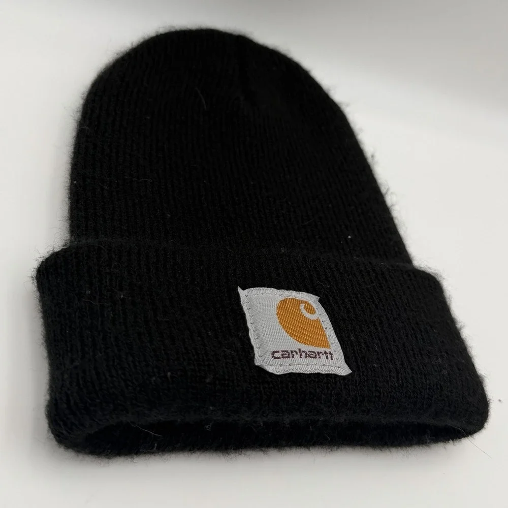 Carhartt black knit cuff beanie toddler acrylic watch cap logo patch hat unisex